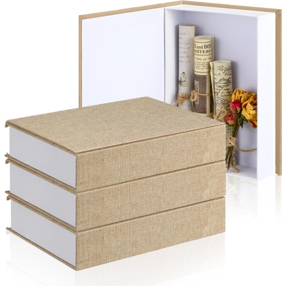 3 Pack Neutral Linen Faux Book Storage Boxes, Fake Decor Prop Boxes for Farmhouse Shelves, Desktop Photos Cards DIY Keepsake Gifts 8.6x6.1x1.8 In