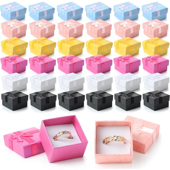 72 Pcs Bulk Ring Boxes Cardboard Gift Box,Bright Color | Foam Insert for Jewelry, 6 Colors with Ribbon, Small Cases for Earrings Bracelets, Employee Appreciation Gifts