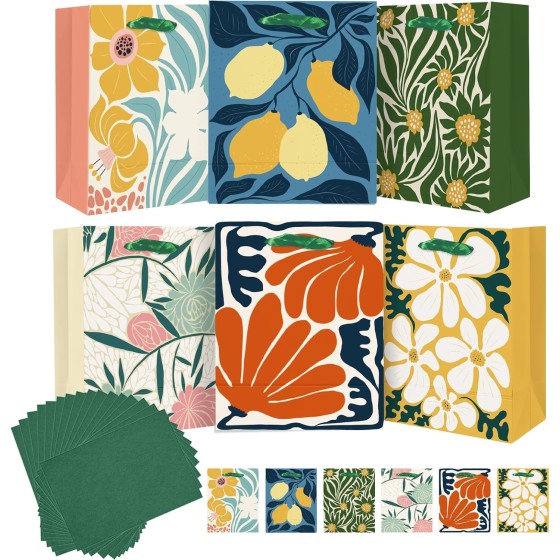 7.9"x4.3"x9.6" 6PCS Clash Flowers Paper Gift Bags with Tissue Paper Handles Medium Size Bags（ Tissue Paper ）