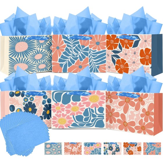 Medium Paper Gift Bags with Tissue Paper Handles 6PCS Winter Flowers Cardboard Floral Gift Bags for Women Mom Grandma Party Supply (6PCS Bags+Tissue Paper)