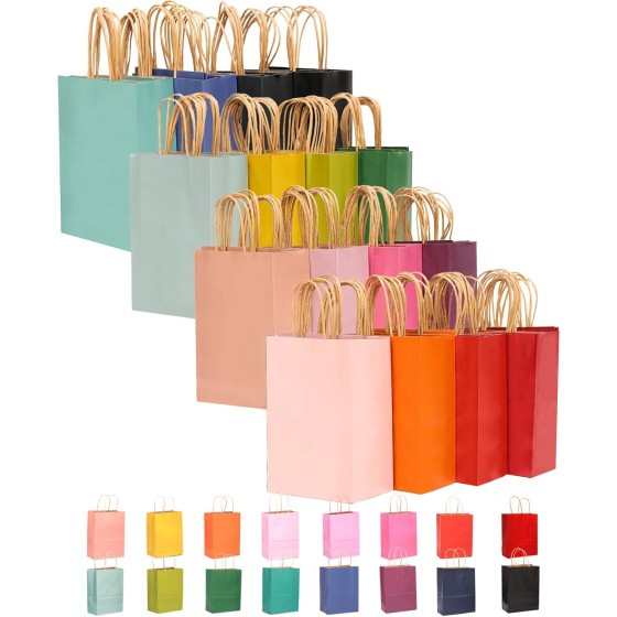 100-Packs Paper Bags with Handles Bulk 8.26"×6"×3.15" Small Gift Bags 16 Different Senior Color Bags Multiple Uses（Small Size）