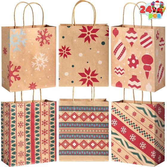 24 PCS Christmas Kraft Gift Bags for Present Wrapping, Holiday Paper Goody Gift Treat Candy Bags for Xmas Decor Supplies Classrooms Wedding and Party Favors (9" x 7.3" x 3.3")