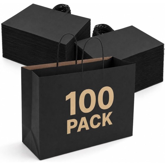 Large Paper Bags with Handles16x6x12 100 Pack, Gift Bag for Small Business, Paper Shopping Bag, Grocery, Food Service Take Out, Large Kraft Paper Bags, Bulk, Black