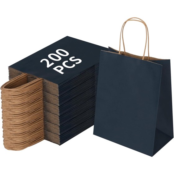 200 Pack 8x4.75x10 Inch Medium Navy Blue Kraft Paper Bags with Handles Bulk, Craft Paper Gift Bags for Party Favors Grocery Retail Shopping Business Goody Merchandise Take Out Blank Sacks