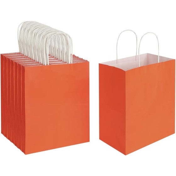 100 Pack 8x4.75x10 Inch Medium Orange Kraft Paper Bags with Handles Bulk for Birthday Wedding Party Favors Grocery Retail Shopping Business Takeout Goody Craft Gift Bags Sacks, (100pcs Count)