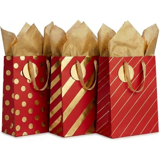 3 Pack Medium Gift Bags Set – Red & Gold Designs (Polka Dot, Stripes) with Tissue Paper & To/From Tags – Premium Birthday, Holiday Gift Wrapping Bags (Red)