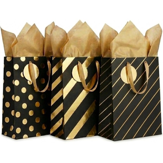 3 Pack Medium Gift Bags Set – Black & Gold Designs (Polka Dot, Stripes) with Tissue Paper & To/From Tags – Premium Birthday, Holiday Gift Wrapping Bags (Black)