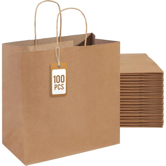 100Pcs Brown Paper Bags with Handles, Large 11x6x11 Inch Kraft Grocery Shopping & Retail Merchandise Bag, Gift Bags Bulk for Weddings, Parties, Baking