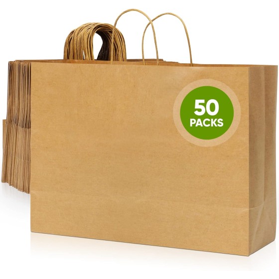Kraft Paper Bags with Handles, 50 Pack Large Brown Heavy Duty Bags | 16x6x12 Inches, Bulk Shopping and Retail Bags for Small Business Merchandise Wedding Party Favors