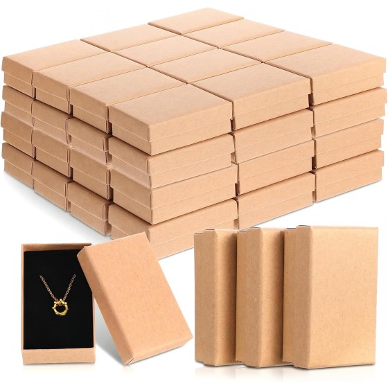 100 Pack Kraft Paper Jewelry Boxes, Eco-Friendly Storage Cases for Rings, Earrings, Bracelets, Custom Gold Foil Stamping & DIY Paintable Accessory Packaging