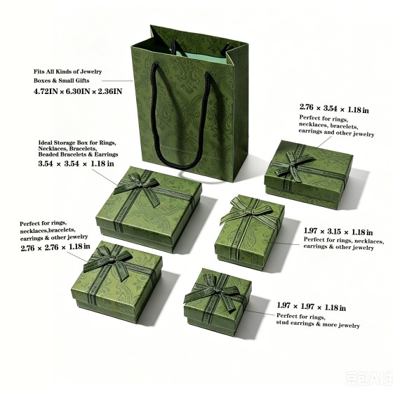 RETRO DARK GREEN BOW TIE TOP & BASE JEWELRY BOX, ENAMEL GREEN ACCESSORY PACKAGING BOX FOR NECKLACES AND RINGS