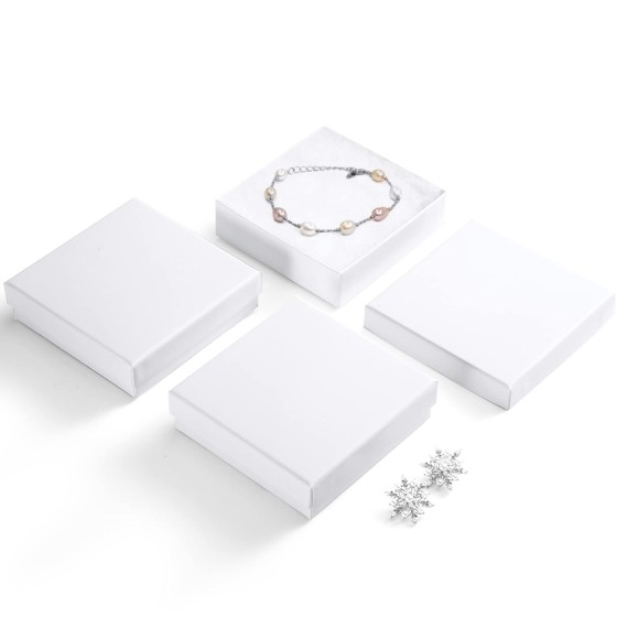 Cardboard Jewelry Gift Boxes 3.5x3.5x1 Glossy White 20 Pcs with Lids | Cotton Filled Box,Bulk Shipping Packaging for Small Business,Display Case,Necklace Ring Bracelet Earring,Kraft Square Cups