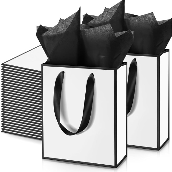 50 Pack Metallic Gift Bags with Handles and Tissue Paper Gold Foil Thank You Gift Bag for Wedding Hotel Guest Fall Birthday Baby Shower Holiday Party Favors, 9x7x3.15'' (White Black)