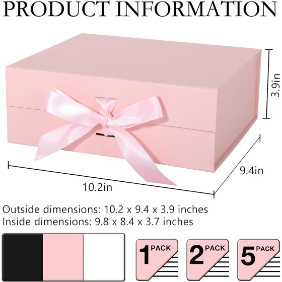 Pink Gift Box with Ribbon Magnetic Lids 10.2x9x3.74 in, Christmas Gift Boxes Bridesmaid Groomsman Proposal Boxes, Wedding Storage Box 2 Pack