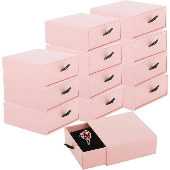 Luxury Velvet-Lined Jewelry Gift Box 12-Pack, Compact Drawer Style Organizer for Earrings & Rings, Elegant Bracelet Display Box, Small Jewelry Storage Box, 3.5x3.5x1.26 Inches (Pink)