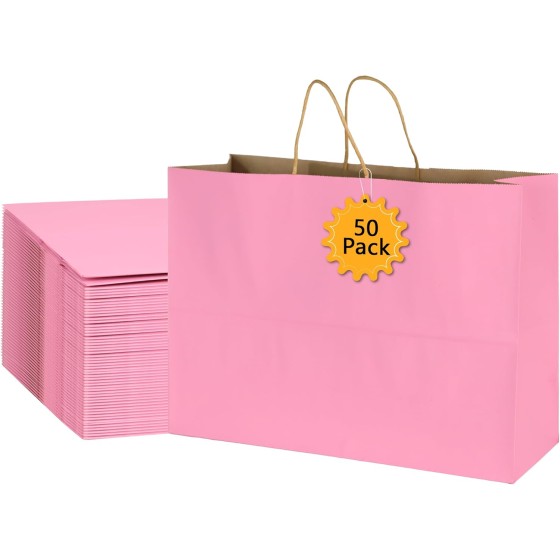 50Pcs Pink Gift Bags Large 16x6x12 Inches Kraft Paper Bags with Handles Bulk – Goodie Bag Shopping Bag for Grocery Merchandise