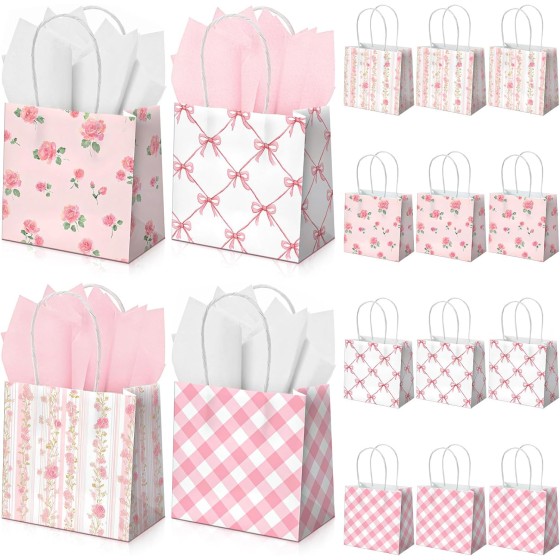 24 Pack Mini Pink Floral Gift Bags with Handles & Tissue Paper 5x5x3inch Bulk Small Bow Spring Flower Candy Goodie Bags for Women Tea Party Baby Shower Bridesmaid Birthday Wedding Supplies