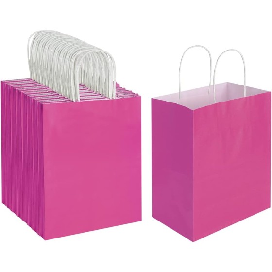 100 Pack 8x4.75x10 Inch Medium Hot Pink Kraft Paper Bags with Handles Bulk for Birthday Wedding Party Favors Grocery Retail Shopping Business Goody Craft Gift Bags Sacks (Fuchsia 100pcs Count)