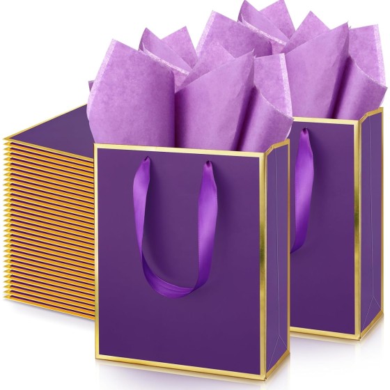 50 Pcs Metallic Paepr Gift Bags Bulk with Handles,Purple and Gold | Tissue Paper Included, 9x7x8", Wedding Welcome Gift Bag for Guest, Goodies for Baby Shower Birthday Thank You Holiday Hotel