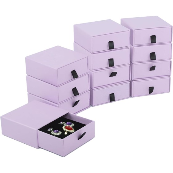 Jewelry Gift Box Velvet-Lined,12 Pack Compact Drawer Style for Earrings & Rings, Necklace & Bracelet Organizer, 3.93x3.93x1.65 Inches, Stackable Elegant Jewelry Display & Storage Box (Purple)