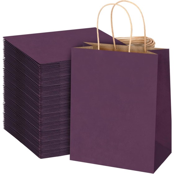 100 Pack 8x4.75x10 Inch Plain Medium Paper Bags with Handles Bulk, Kraft Craft Gift Bags, Grocery Shopping Retail Birthday Party Favors Wedding Sacks (Purple)