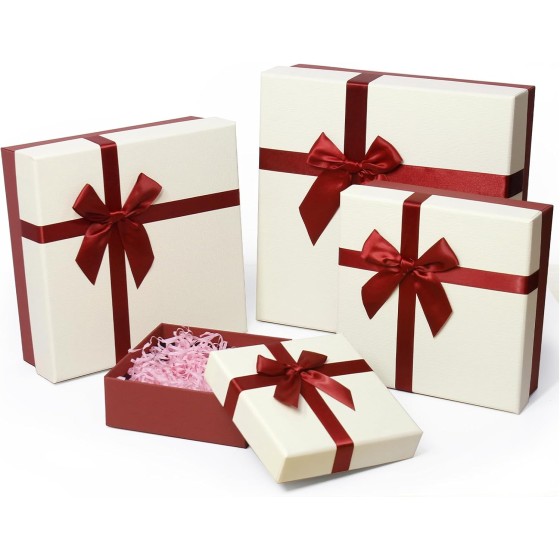 Gift Box for Presents – A Set of 4 Elegant Gift Boxes with Lids, Luxury Textured Finish & Satin Ribbon, Ideal Gift Box for Mother's Day, Ready to Gift – No Assembly Required