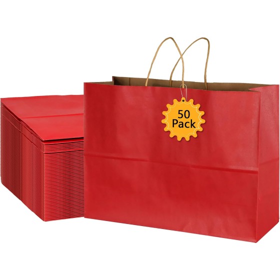 50Pcs Red Gift Bags Large 16x6x12 Inches - Kraft Paper Bags with Handles Bulk – Goodie Bag Shopping Bag for Grocery Merchandise