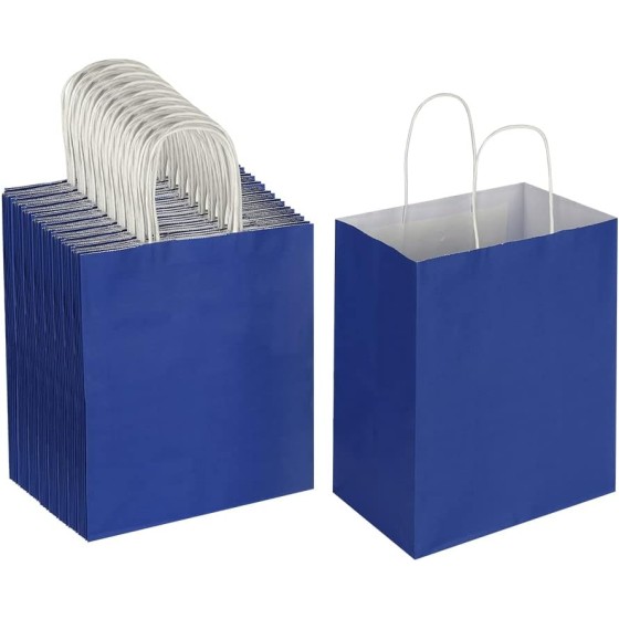 100 Pack 8x4.75x10 Inch Medium Royal Blue Kraft Paper Bags with Handles Bulk for Birthday Wedding Party Favors Grocery Retail Shopping Business Goody Craft Gift Bags Sacks, (100pcs Count)