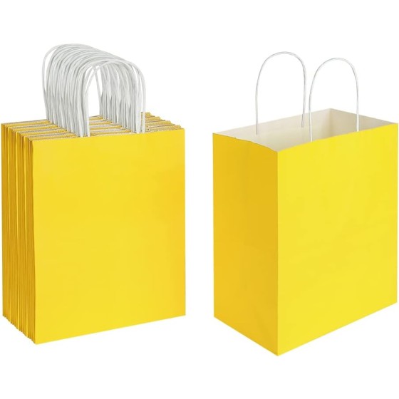 50 Pack 8x4.75x10 Inch Medium Yellow Kraft Paper Bags with Handles Bulk for Birthday Wedding Party Favors Grocery Retail Shopping Takeout Business Goody Craft Gift Bags Sacks, (50pcs Count)