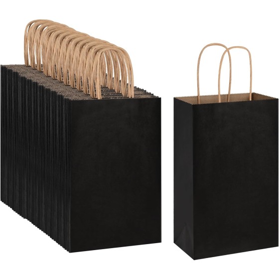 100 Pack 5.25x3.25x8.25 inch Small Kraft Paper Bags with Handles Bulk for Birthday Wedding Party Favors Grocery Retail Shopping Business Goody Craft Gift Bags Cub Sacks (Black)