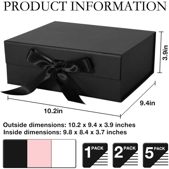 Black Gift Box with Ribbon Magnetic Lids 10.2x9x3.74 in, Bridesmaid Groomsman Proposal Boxes, Wedding Graduation Storage Box 2 Pack