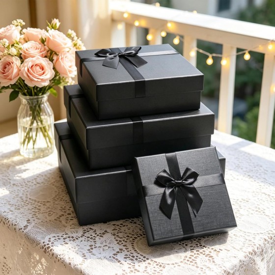 Black Gift Box with Lids – A set of 4 Elegant Gift Boxes for Presents, Sturdy Nesting Design for Father's Day, Anniversaries, Birthday, Wedding, Ready to Gift – No Assembly Required