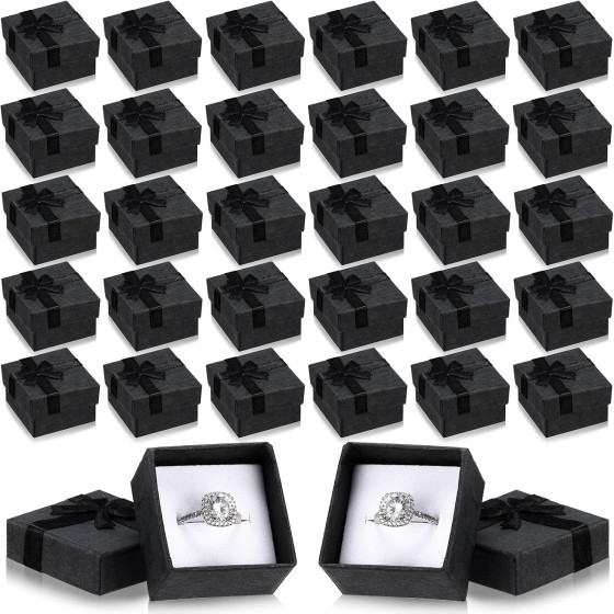 72 Pcs Ring Boxes Bulk Cardboard Jewelry Gift Box with Ribbon Bow Small Gift Wrapping Case for Wedding Earring Necklace Display(Black)