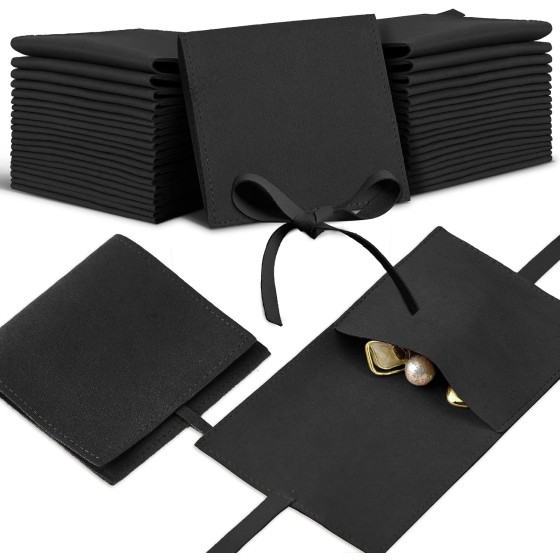 40 Pcs Microfiber Jewelry Pouch 8x8 cm Jewelry Packaging Luxury Small Gift Bags Bow Tie Microfiber Bag for Bracelet Necklace Packaging,Envelope Style with String and Divider(Black)