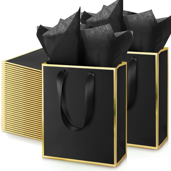 50 Pcs Metallic Paepr Gift Bags Bulk with Handles,Black Gold | Tissue Paper Included, 9x7x4", Wedding Welcome Gift Bag for Guest, Goodies for Baby Shower Birthday Thank You Holiday Hotel